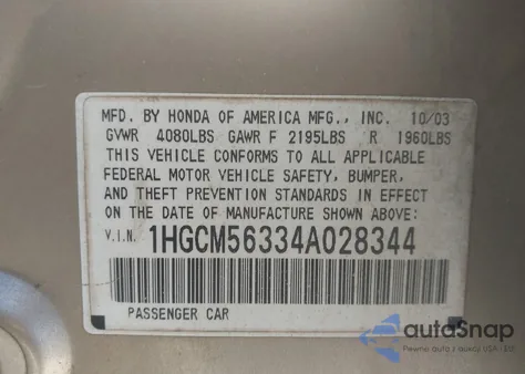 2004 Honda Accord 2.4 Lx из США, поврежденный, VIN 1HGCM56334A028344